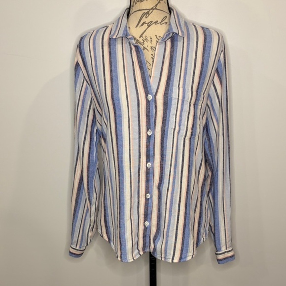 Cloth & Stone linen blend striped button front top shirt M